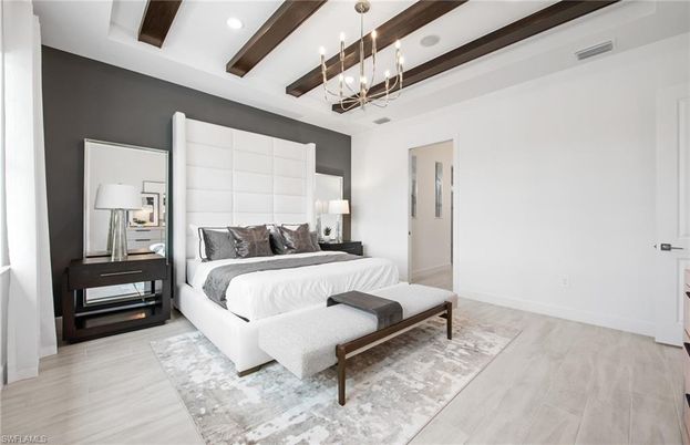 Bedroom, Interior, Pendant Lights, Recessed Lighting, Wooden Beams, Wood Texture Flooring
