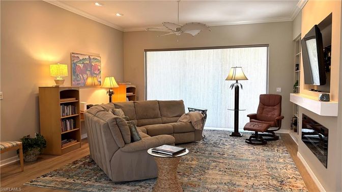 Fireplace, Interior, Living room, Recessed Lighting, Wood Texture Flooring