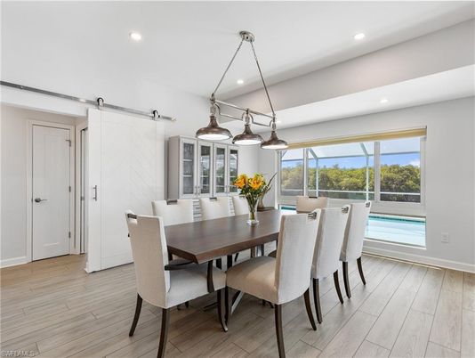 Dining room, Interior, Pendant Lights, Recessed Lighting, Wood Texture Flooring