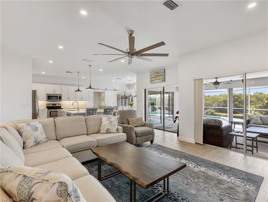 Interior, Kitchen, Living room, Pendant Lights, Recessed Lighting, Stainless Steel Appliances, Wood Texture Flooring