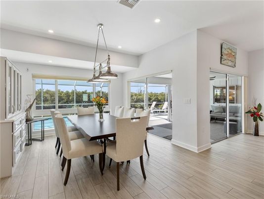 Dining room, Interior, Pendant Lights, Recessed Lighting, Wood Texture Flooring