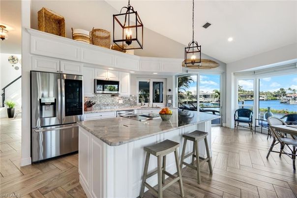 Interior, Kitchen, Pendant Lights, Recessed Lighting, Stainless Steel Appliances, Water, Wood Texture Flooring