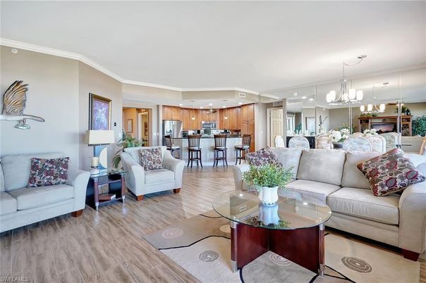 Chandelier, Interior, Kitchen, Living room, Recessed Lighting, Stainless Steel Appliances, Wood Texture Flooring