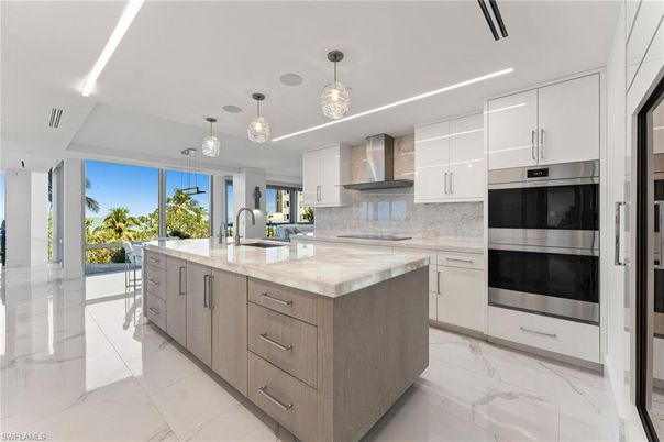 Interior, Kitchen, Marble, Pendant Lights, Recessed Lighting, Stainless Steel Appliances