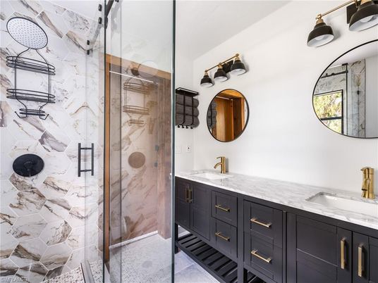 Bathroom, Dual Sink Vanities, Glass Shower, Interior, Marble Walls
