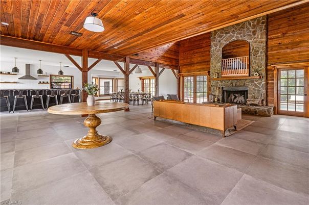 Fireplace, Interior, Living room, Pendant Lights, Stone Walls, Wooden Beams, Wooden Ceilings, Wooden Walls
