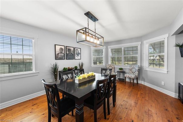 Dining room, Interior, Pendant Lights, Wood Texture Flooring