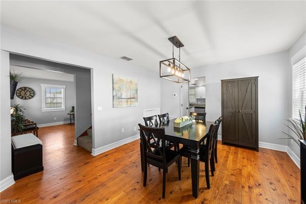 Dining room, Interior, Pendant Lights, Wood Texture Flooring