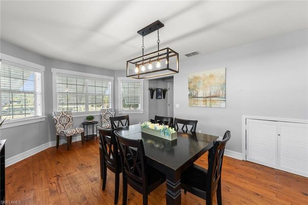 Dining room, Interior, Pendant Lights, Wood Texture Flooring