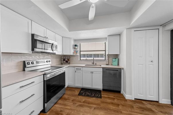 Interior, Kitchen, Stainless Steel Appliances, Wood Texture Flooring