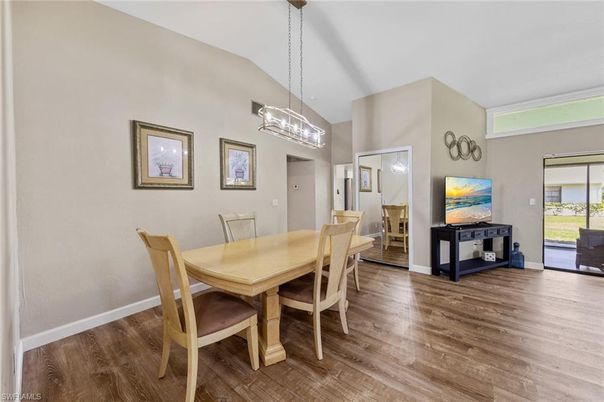 Dining room, Interior, Pendant Lights, Wood Texture Flooring