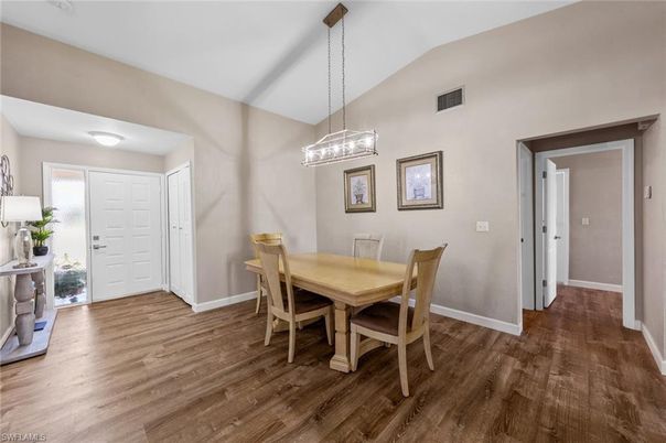 Dining room, Interior, Pendant Lights, Wood Texture Flooring