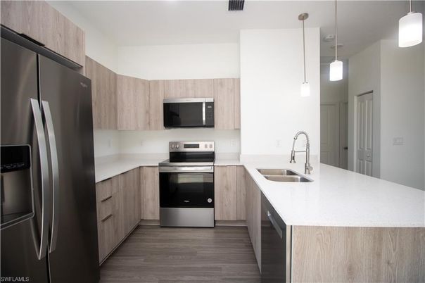 Interior, Kitchen, Pendant Lights, Stainless Steel Appliances, Wood Texture Flooring