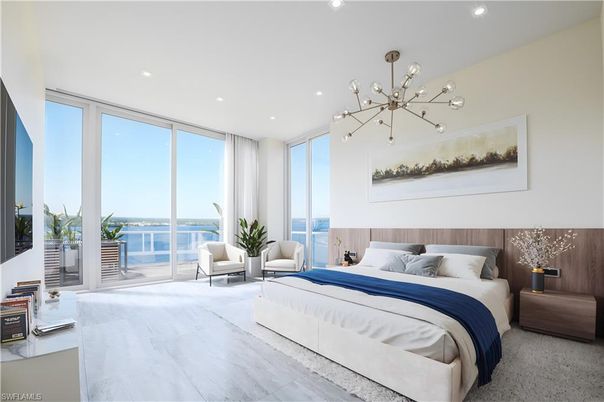 Bedroom, Interior, Marble, Pendant Lights, Recessed Lighting, Water