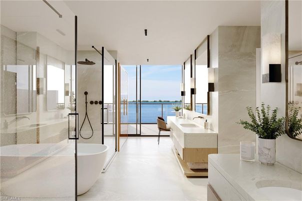 Bathroom, Dual Sink Vanities, Free Standing Baths, Glass Shower, Interior, Marble Walls, Water
