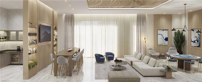 Dining room, Interior, Living room, Pendant Lights, Recessed Lighting, Wood Texture Flooring