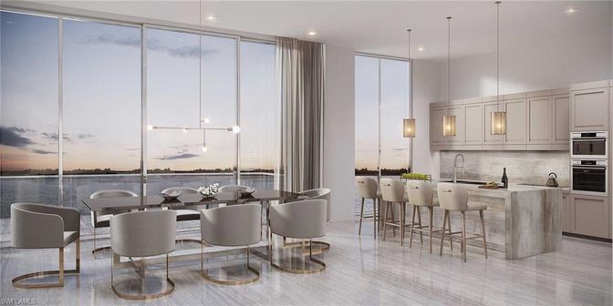 Dining room, Interior, Kitchen, Pendant Lights, Recessed Lighting, Stainless Steel Appliances, Water