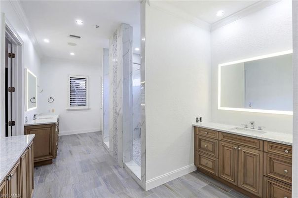 Bathroom, Interior, Marble Walls, Recessed Lighting, Wood Texture Flooring