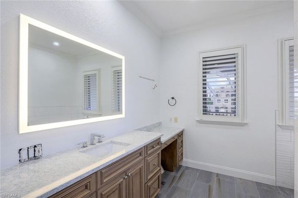 Bathroom, Dual Sink Vanities, Interior, Recessed Lighting, Wood Texture Flooring