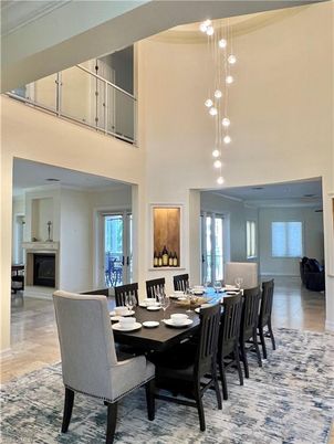 Dining room, Fireplace, Interior, Pendant Lights