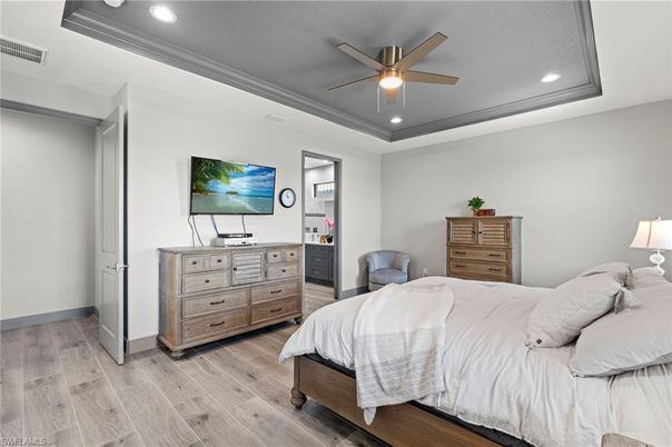 Bedroom, Interior, Recessed Lighting, Wood Texture Flooring