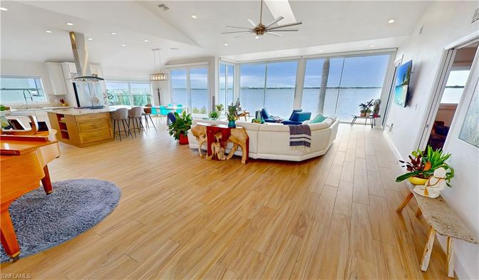 Dining room, Interior, Kitchen, Living room, Pendant Lights, Recessed Lighting, Water, Wood Texture Flooring