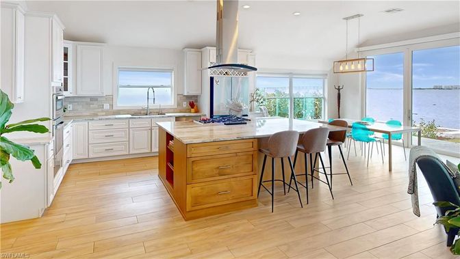Dining room, Interior, Kitchen, Pendant Lights, Recessed Lighting, Water, Wood Texture Flooring