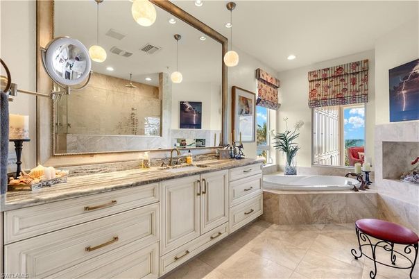 Bathroom, Dual Sink Vanities, Fireplace, Interior, Pendant Lights, Recessed Lighting