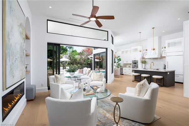 Fireplace, Interior, Kitchen, Living room, Pendant Lights, Recessed Lighting, Wood Texture Flooring
