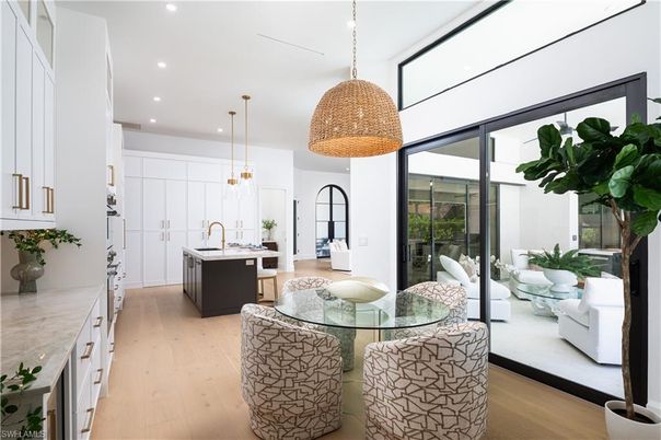 Dining room, Interior, Kitchen, Pendant Lights, Recessed Lighting, Wood Texture Flooring