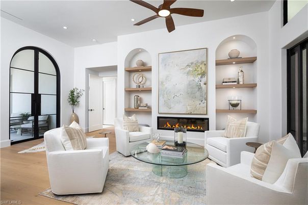 Fireplace, Interior, Living room, Recessed Lighting, Wood Texture Flooring