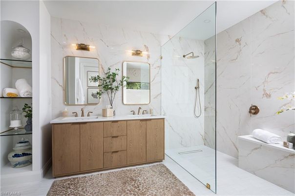 Bathroom, Dual Sink Vanities, Glass Shower, Interior, Marble Walls