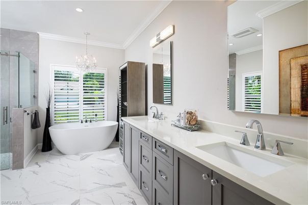 Bathroom, Chandelier, Dual Sink Vanities, Free Standing Baths, Glass Shower, Interior, Marble, Recessed Lighting
