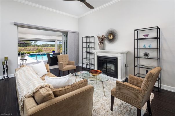 Fireplace, Interior, Living room, Recessed Lighting, Wood Texture Flooring