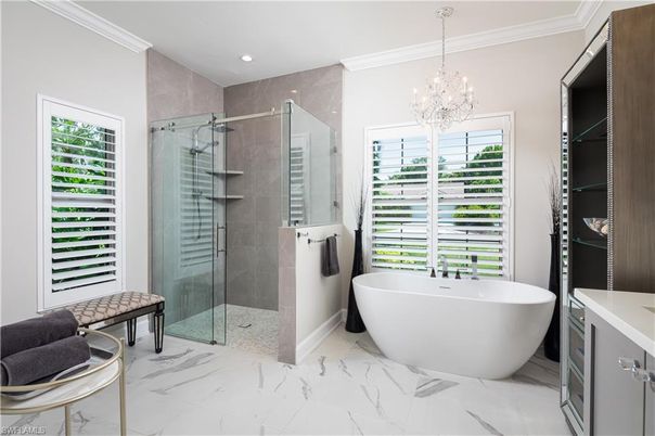 Bathroom, Chandelier, Free Standing Baths, Glass Shower, Interior, Marble, Recessed Lighting
