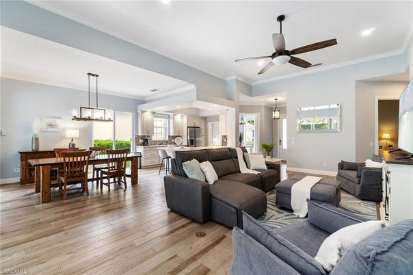 Dining room, Interior, Kitchen, Living room, Pendant Lights, Recessed Lighting, Stainless Steel Appliances, Wood Texture Flooring