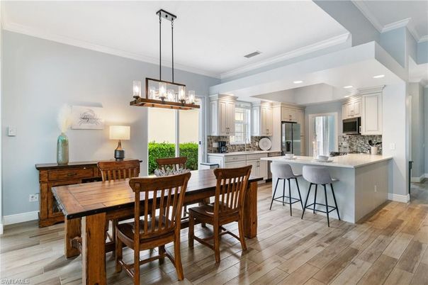Dining room, Interior, Kitchen, Pendant Lights, Recessed Lighting, Stainless Steel Appliances, Wood Texture Flooring