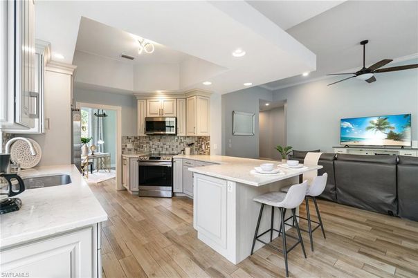 Interior, Kitchen, Living room, Recessed Lighting, Stainless Steel Appliances, Wood Texture Flooring