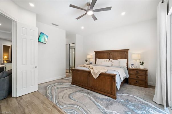 Bedroom, Interior, Recessed Lighting, Wood Texture Flooring