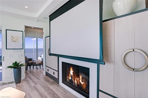 Fireplace, Interior, Recessed Lighting, Wood Texture Flooring