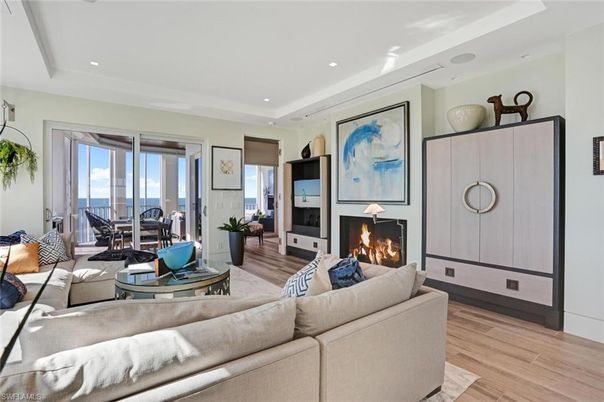 Dining room, Fireplace, Interior, Living room, Recessed Lighting, Wood Texture Flooring