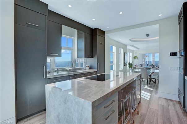 Dining room, Interior, Kitchen, Pendant Lights, Recessed Lighting, Water, Wood Texture Flooring