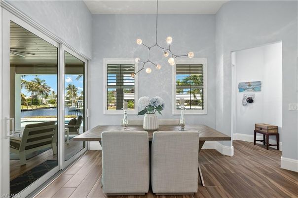 Dining room, Interior, Pendant Lights, Water, Wood Texture Flooring
