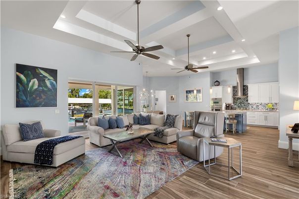 Interior, Kitchen, Living room, Pendant Lights, Recessed Lighting, Wood Texture Flooring