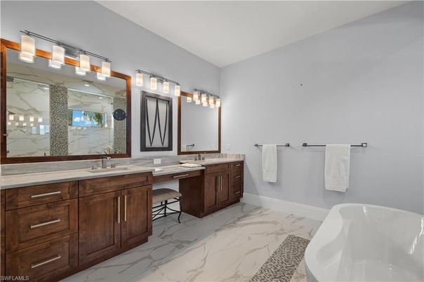 Bathroom, Dual Sink Vanities, Free Standing Baths, Interior, Marble, Marble Walls