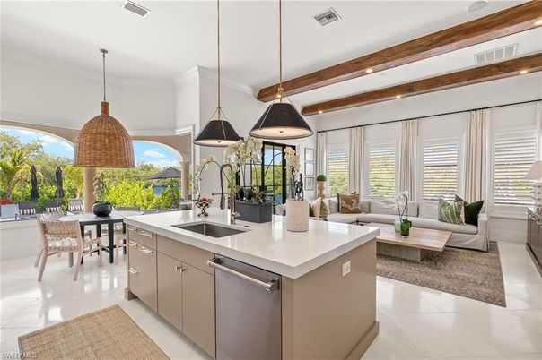 Dining room, Interior, Kitchen, Living room, Pendant Lights, Recessed Lighting, Stainless Steel Appliances, Wooden Beams