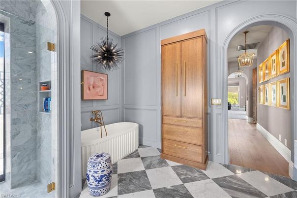 Bathroom, Interior, Marble, Marble Walls, Pendant Lights, Wood Texture Flooring