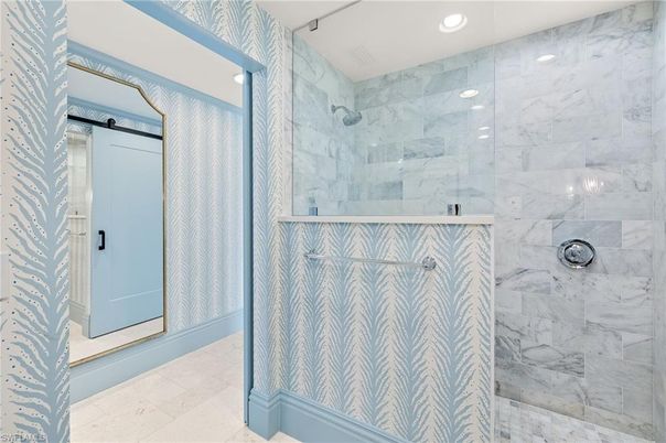 Bathroom, Glass Shower, Interior, Marble Walls, Recessed Lighting