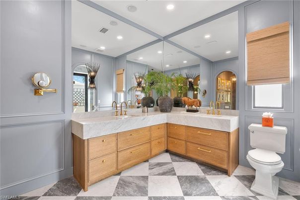 Bathroom, Dual Sink Vanities, Interior, Marble, Recessed Lighting