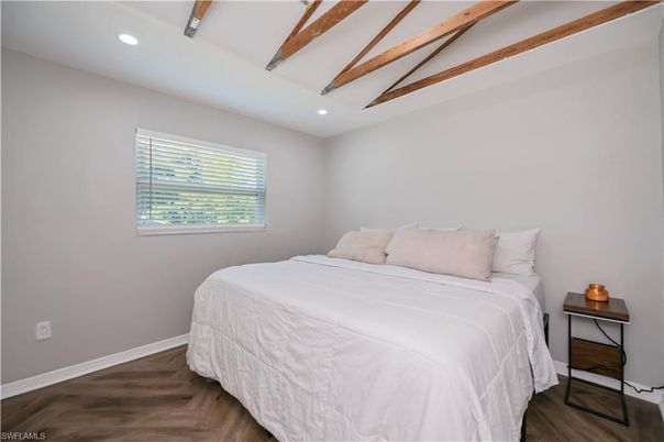Bedroom, Interior, Recessed Lighting, Wooden Beams, Wood Texture Flooring